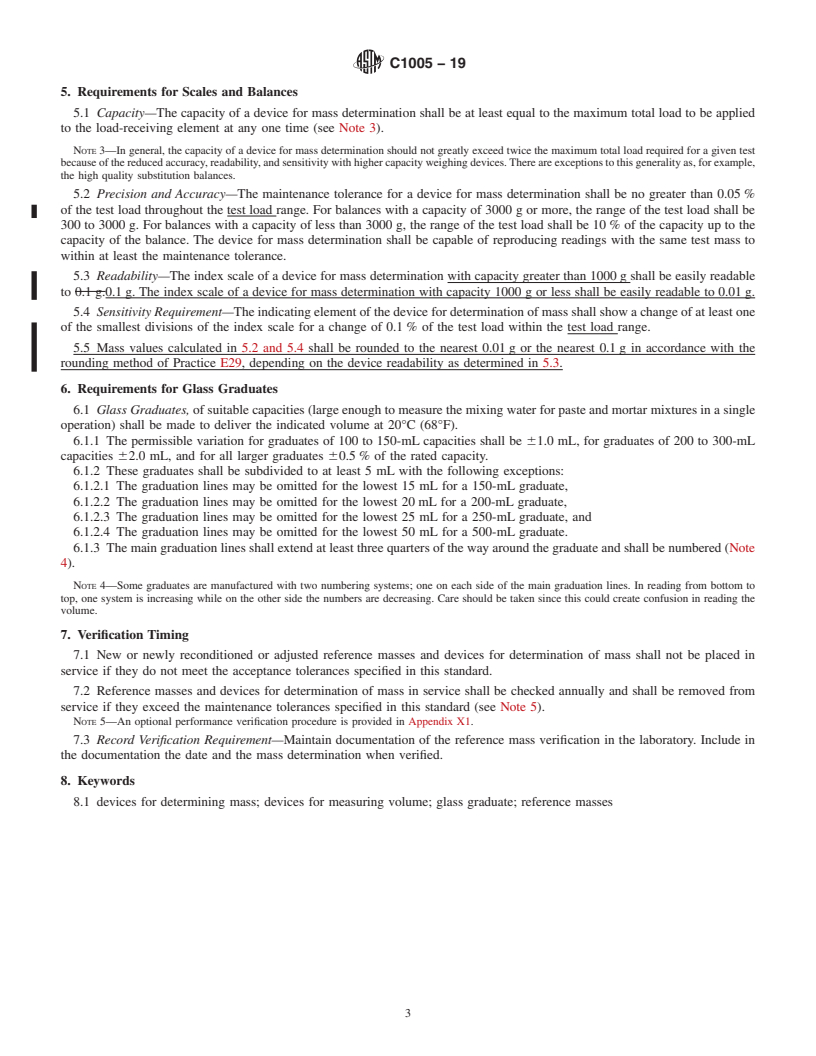 REDLINE ASTM C1005-19 - Standard Specification for  Reference Masses and Devices for Determining Mass and Volume  for Use in the Physical Testing of Hydraulic Cements