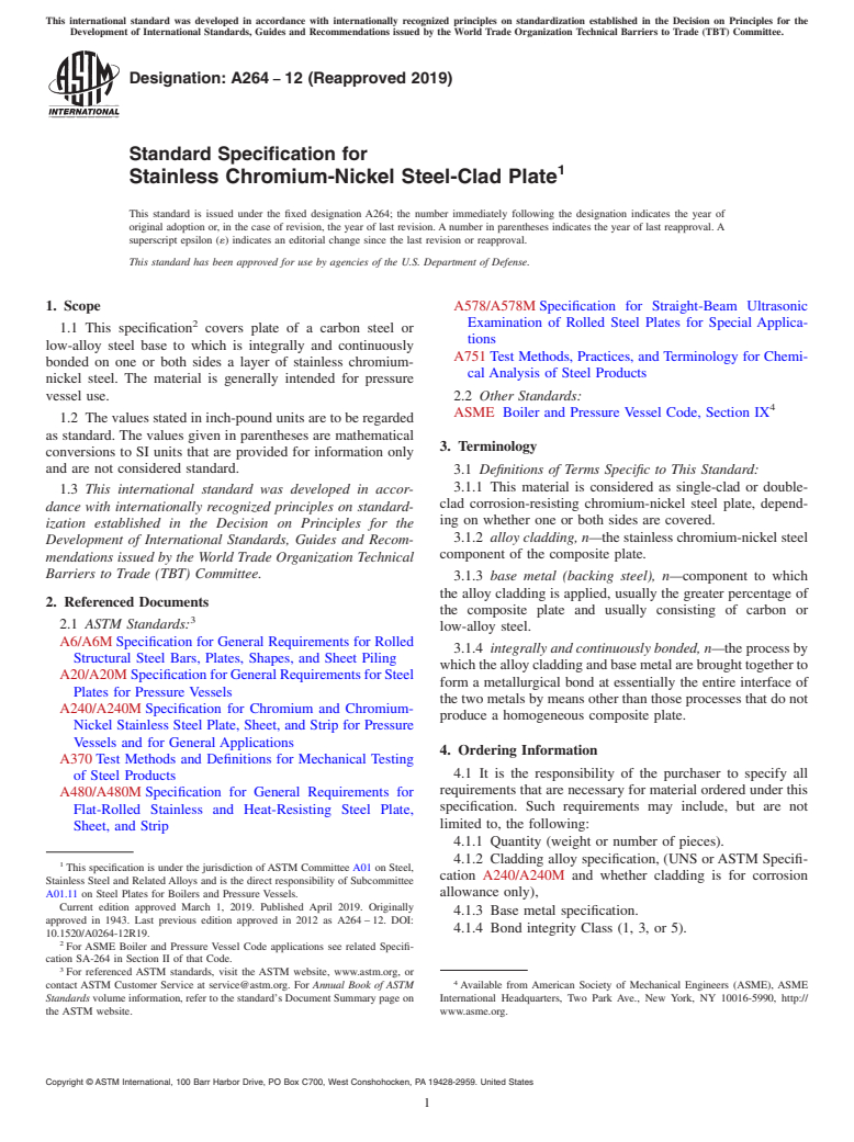 ASTM A264-12(2019) - Standard Specification for  Stainless Chromium-Nickel Steel-Clad Plate