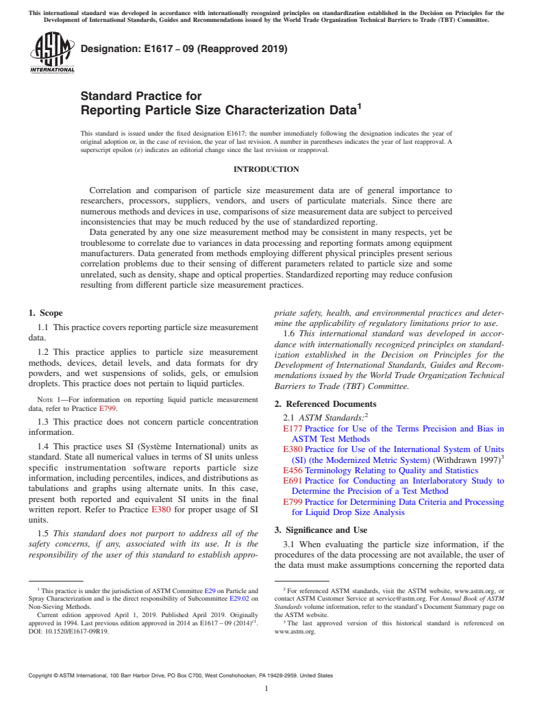 ASTM E1617-09(2019) - Standard Practice for  Reporting Particle Size Characterization Data