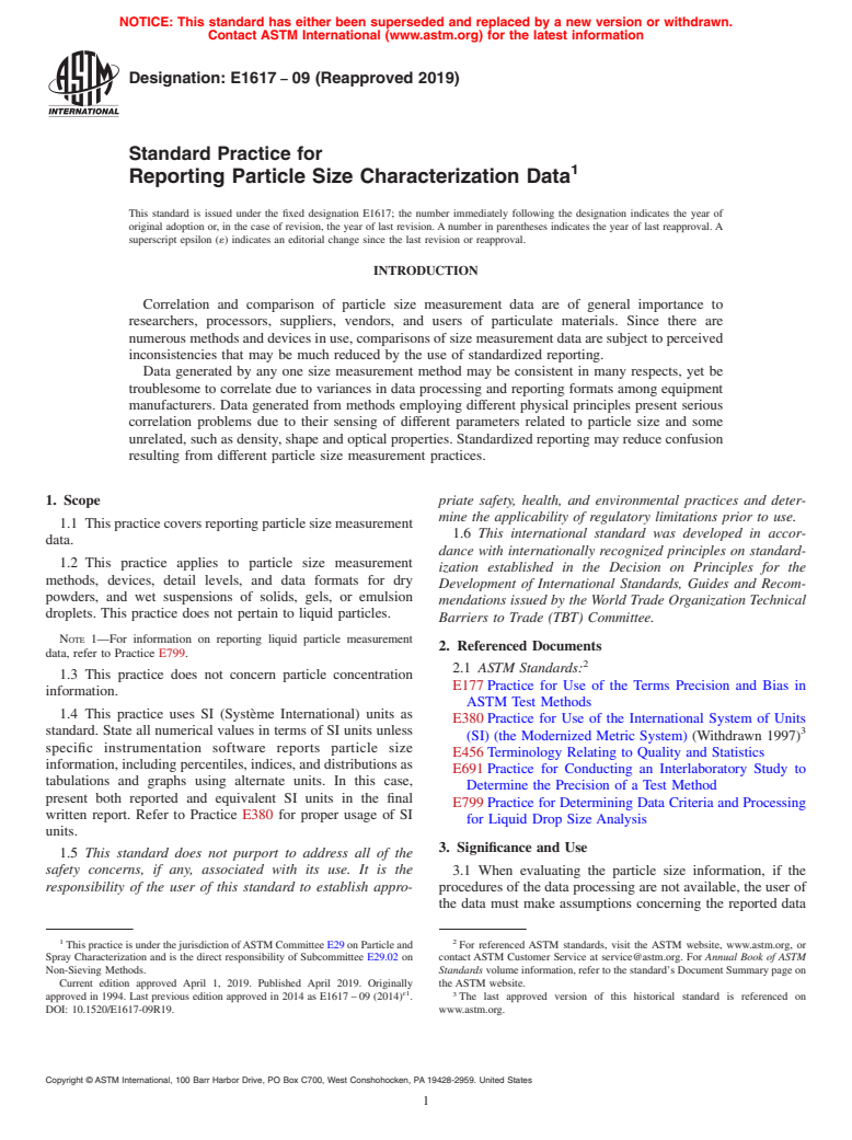 ASTM E1617-09(2019) - Standard Practice for  Reporting Particle Size Characterization Data