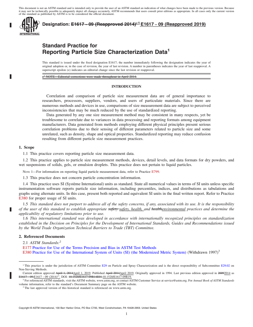 REDLINE ASTM E1617-09(2019) - Standard Practice for  Reporting Particle Size Characterization Data