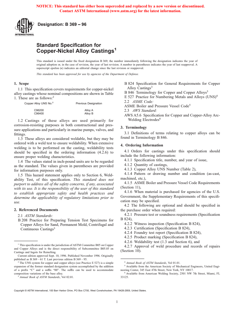 ASTM B369-96 - Standard Specification for Copper-Nickel Alloy Castings