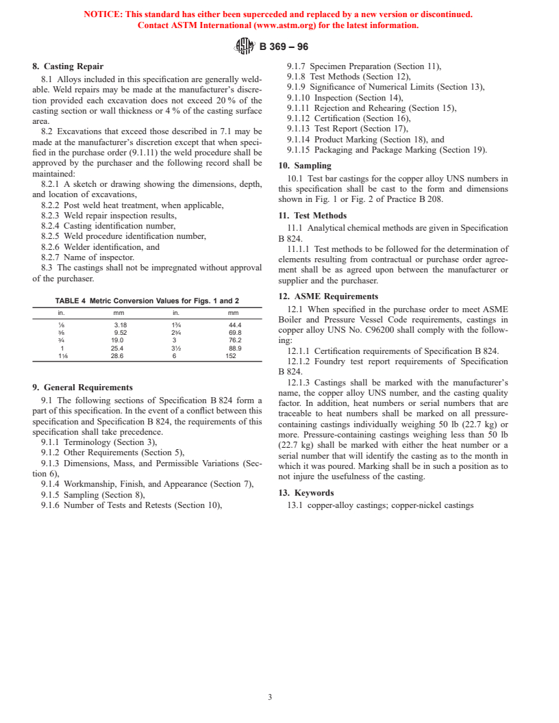 ASTM B369-96 - Standard Specification for Copper-Nickel Alloy Castings