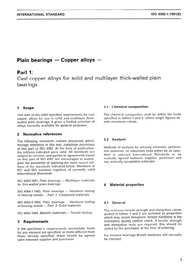 ISO 4382-1:1991 - Plain bearings -- Copper alloys