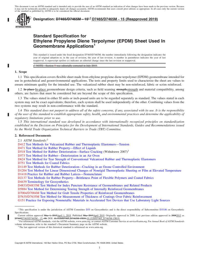 REDLINE ASTM D7465/D7465M-15(2019) - Standard Specification for Ethylene Propylene Diene Terpolymer (EPDM) Sheet Used In Geomembrane  Applications