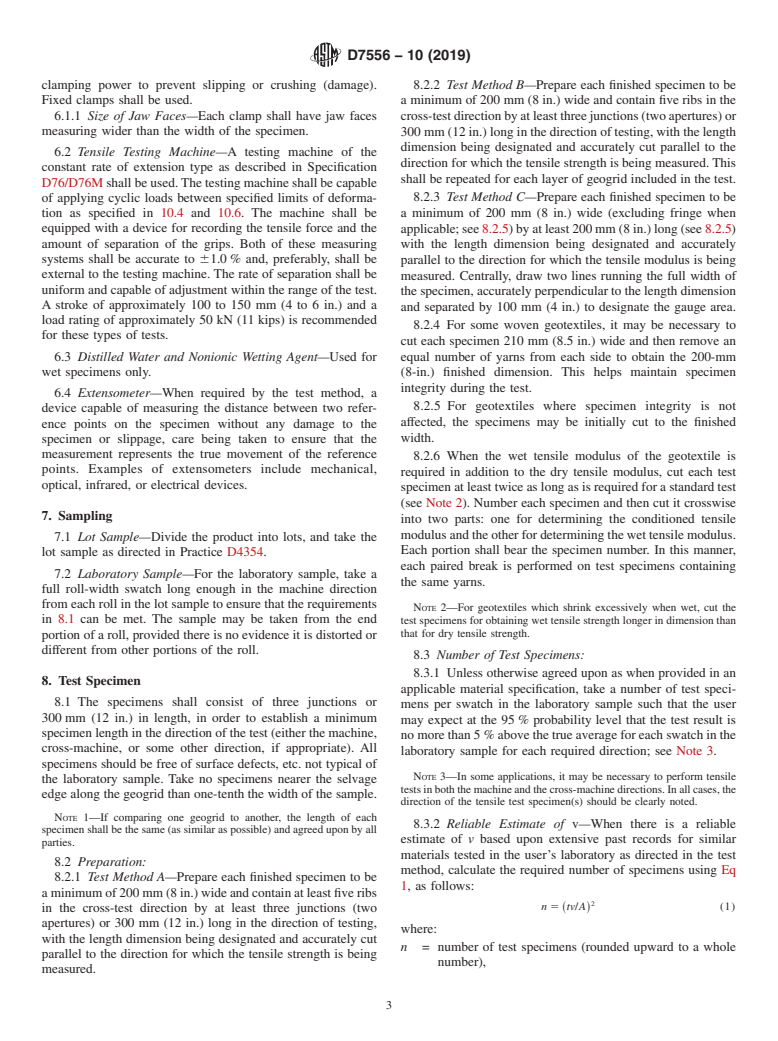 ASTM D7556-10(2019) - Standard Test Methods for  Determining Small-Strain Tensile Properties of Geogrids and   Geotextiles by In-Air Cyclic Tension Tests