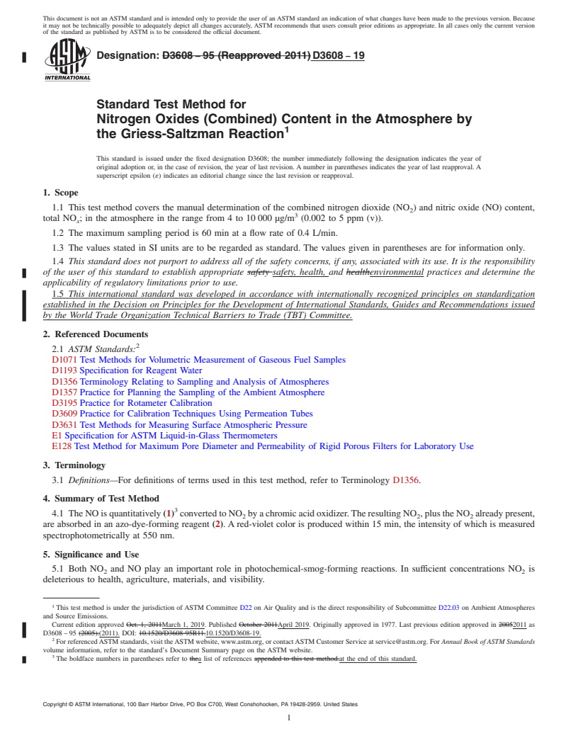 REDLINE ASTM D3608-19 - Standard Test Method for  Nitrogen Oxides (Combined) Content in the Atmosphere by the  Griess-Saltzman Reaction