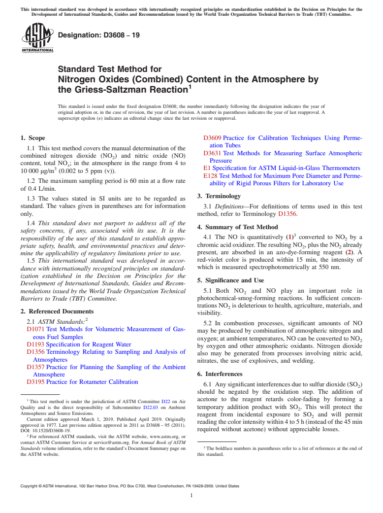 ASTM D3608-19 - Standard Test Method for  Nitrogen Oxides (Combined) Content in the Atmosphere by the  Griess-Saltzman Reaction