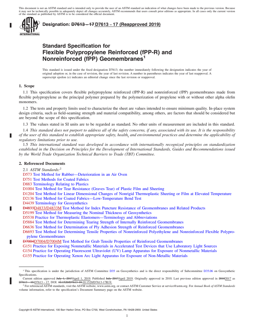 REDLINE ASTM D7613-17(2019) - Standard Specification for  Flexible Polypropylene Reinforced (fPP-R) and Nonreinforced   (fPP) Geomembranes