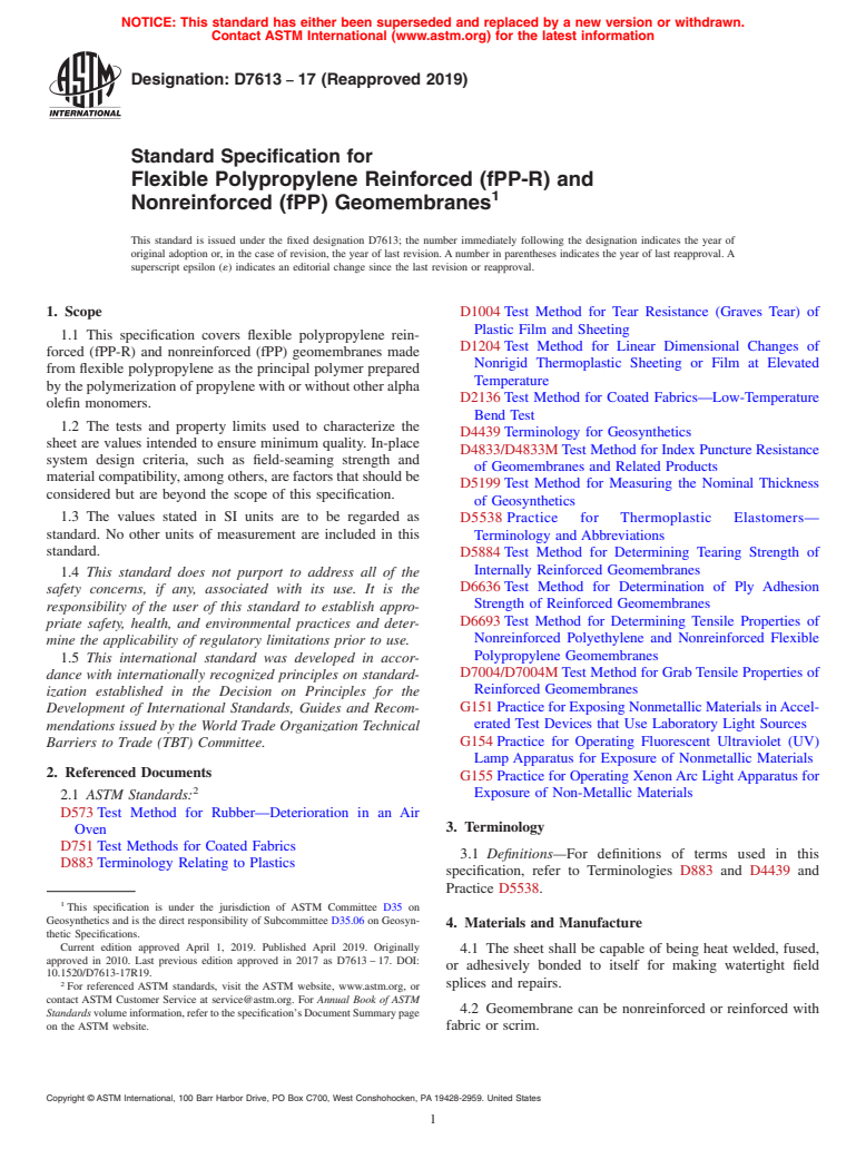 ASTM D7613-17(2019) - Standard Specification for  Flexible Polypropylene Reinforced (fPP-R) and Nonreinforced   (fPP) Geomembranes