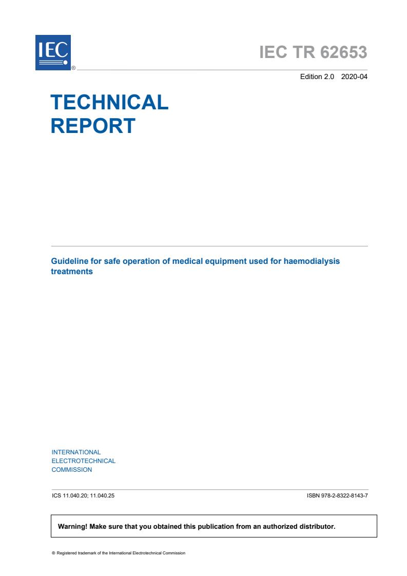 IEC TR 62653:2020 - Guideline for safe operation of medical equipment used for haemodialysis treatments