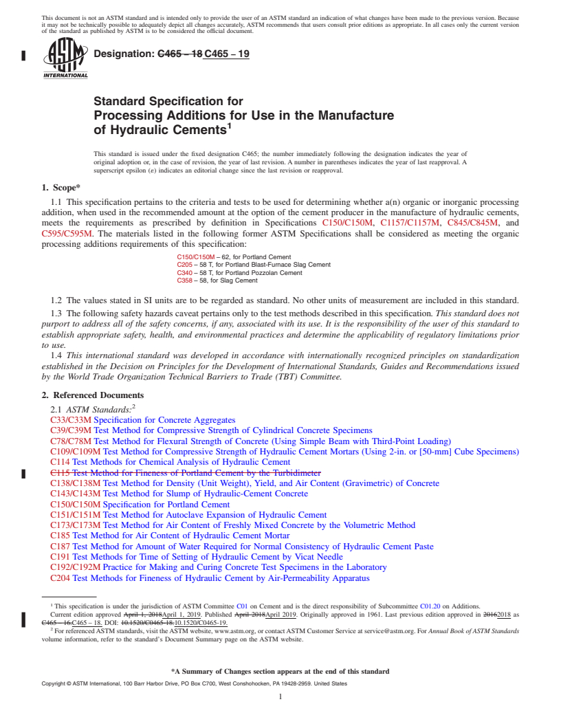 REDLINE ASTM C465-19 - Standard Specification for  Processing Additions for Use in the Manufacture<brk/> of Hydraulic  Cements