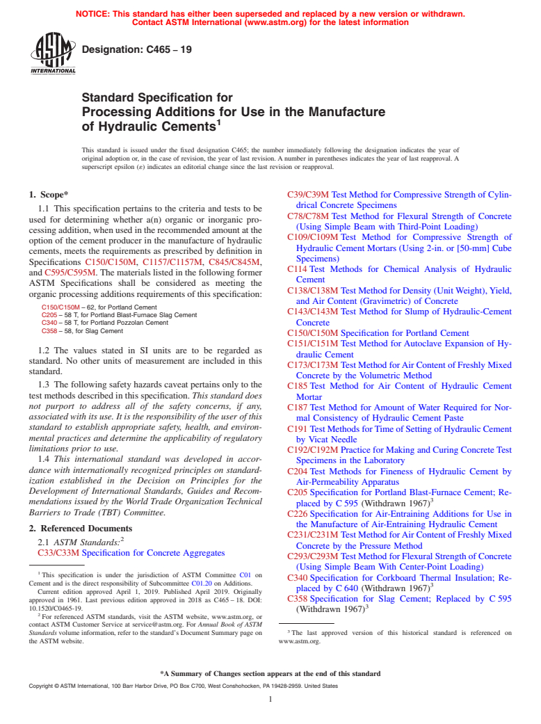 ASTM C465-19 - Standard Specification for  Processing Additions for Use in the Manufacture<brk/> of Hydraulic  Cements