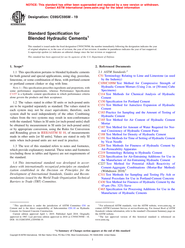 ASTM C595/C595M-19 - Standard Specification for Blended Hydraulic Cements