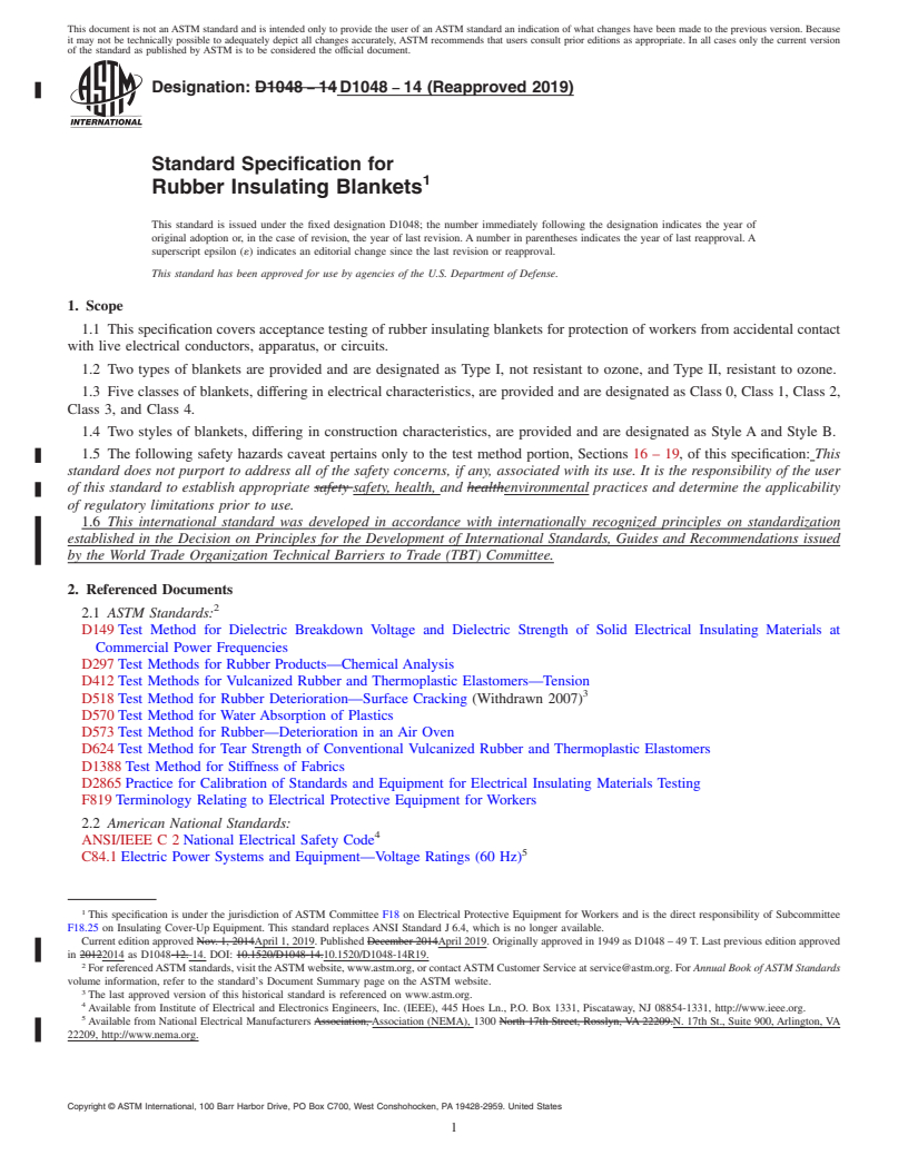 REDLINE ASTM D1048-14(2019) - Standard Specification for  Rubber Insulating Blankets