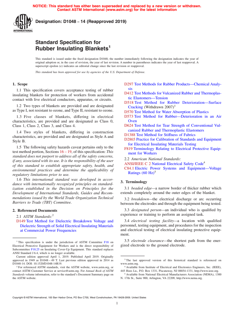 ASTM D1048-14(2019) - Standard Specification for  Rubber Insulating Blankets