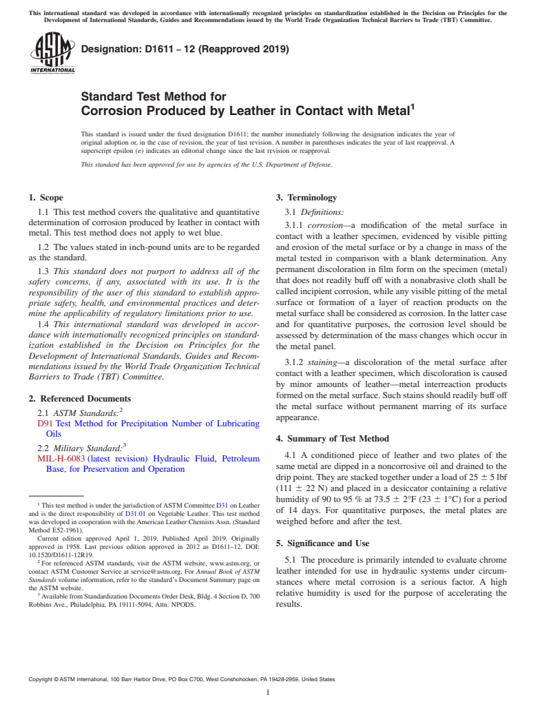 ASTM D1611-12(2019) - Standard Test Method for  Corrosion Produced by Leather in Contact with Metal