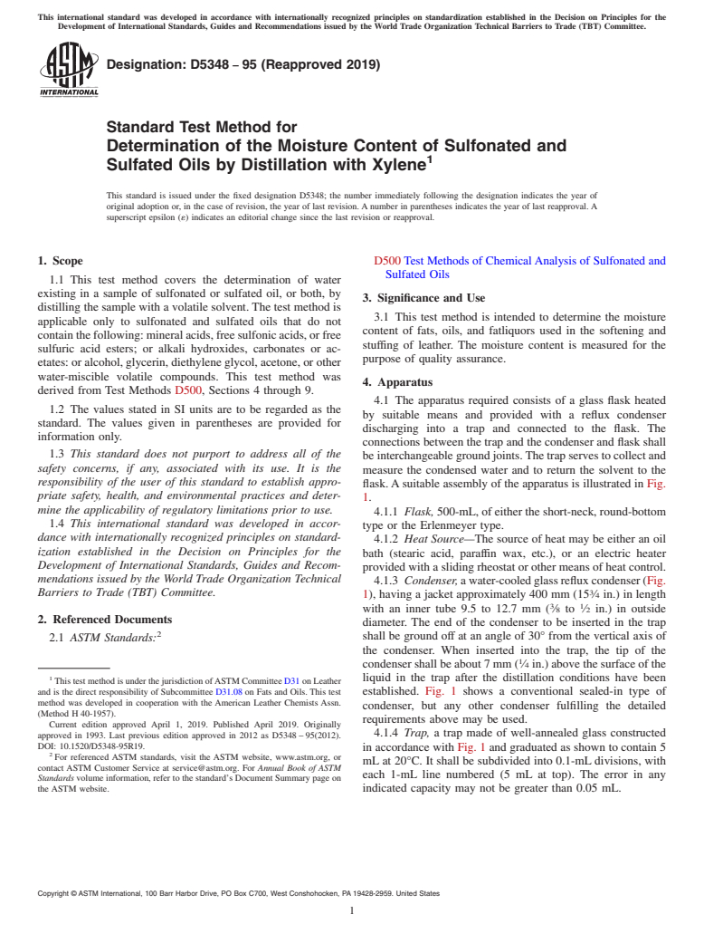 ASTM D5348-95(2019) - Standard Test Method for  Determination of the Moisture Content of Sulfonated and Sulfated  Oils by Distillation with Xylene