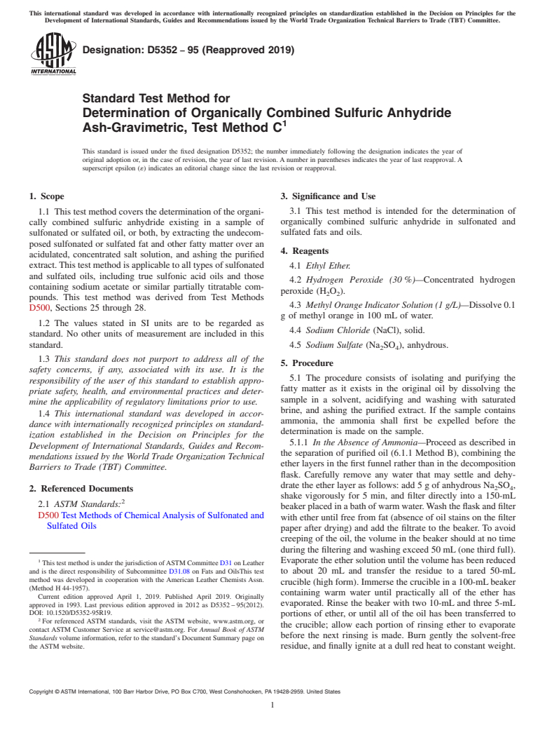 ASTM D5352-95(2019) - Standard Test Method for  Determination of Organically Combined Sulfuric Anhydride Ash-Gravimetric,  Test Method C