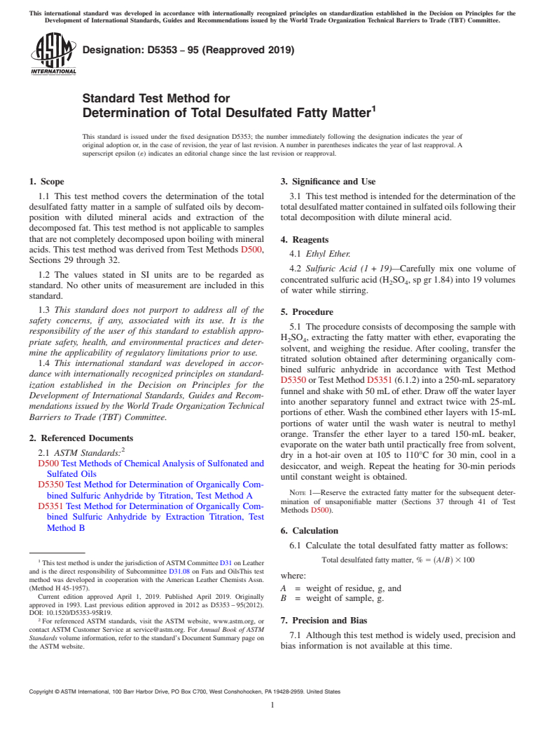 ASTM D5353-95(2019) - Standard Test Method for  Determination of Total Desulfated Fatty Matter