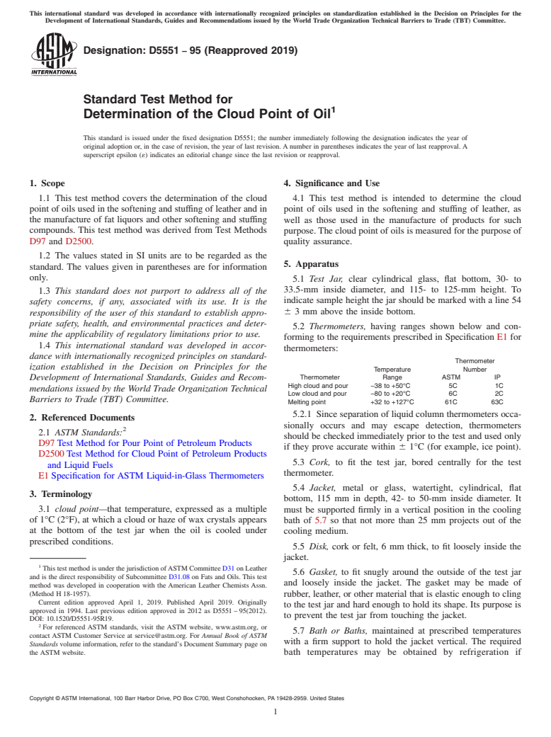 ASTM D5551-95(2019) - Standard Test Method for  Determination of the Cloud Point of Oil