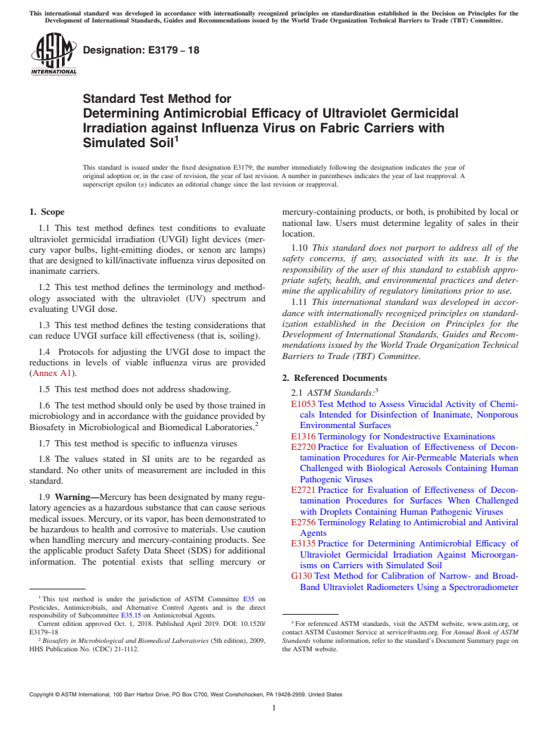 ASTM E3179-18 - Standard Test Method for Determining Antimicrobial Efficacy of Ultraviolet Germicidal  Irradiation against Influenza Virus on Fabric Carriers with Simulated  Soil