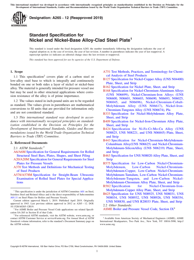 ASTM A265-12(2019) - Standard Specification for  Nickel and Nickel-Base Alloy-Clad Steel Plate