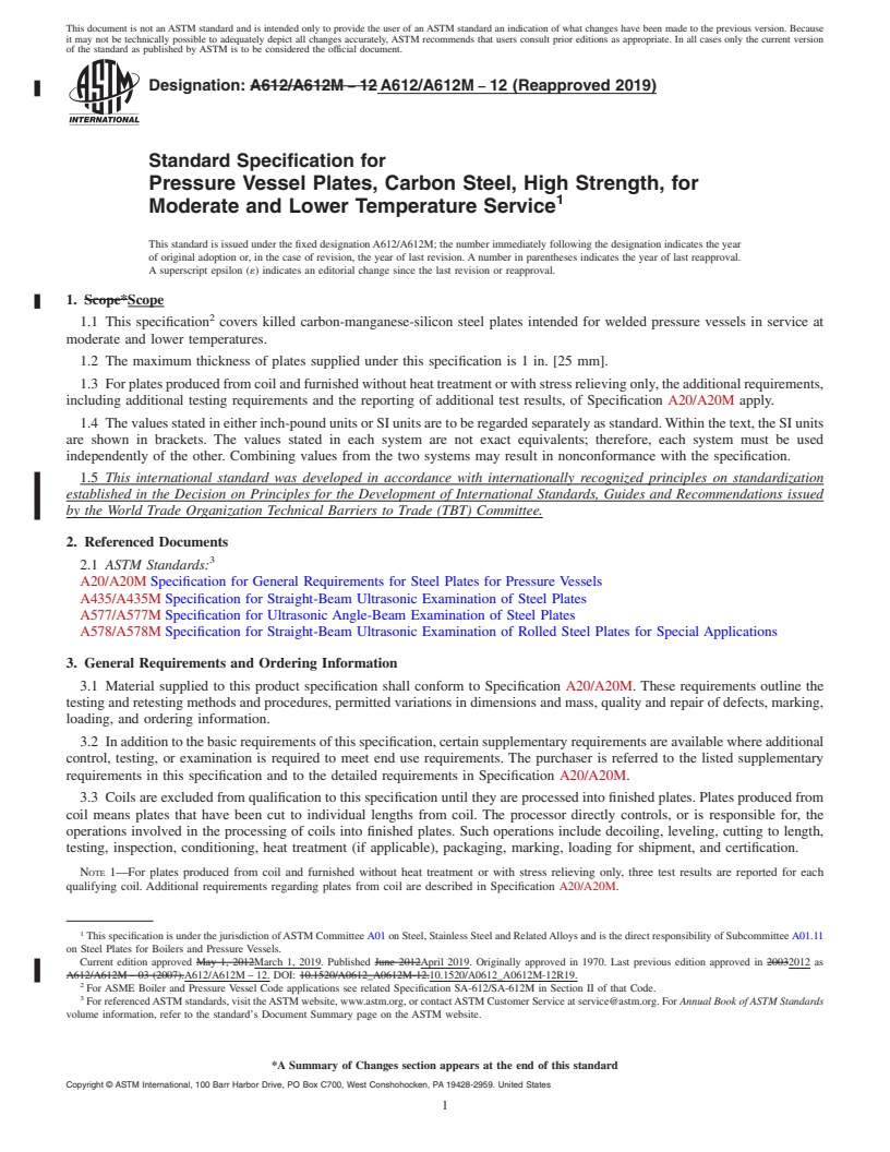 REDLINE ASTM A612/A612M-12(2019) - Standard Specification for  Pressure Vessel Plates, Carbon Steel, High Strength, for Moderate  and Lower Temperature Service