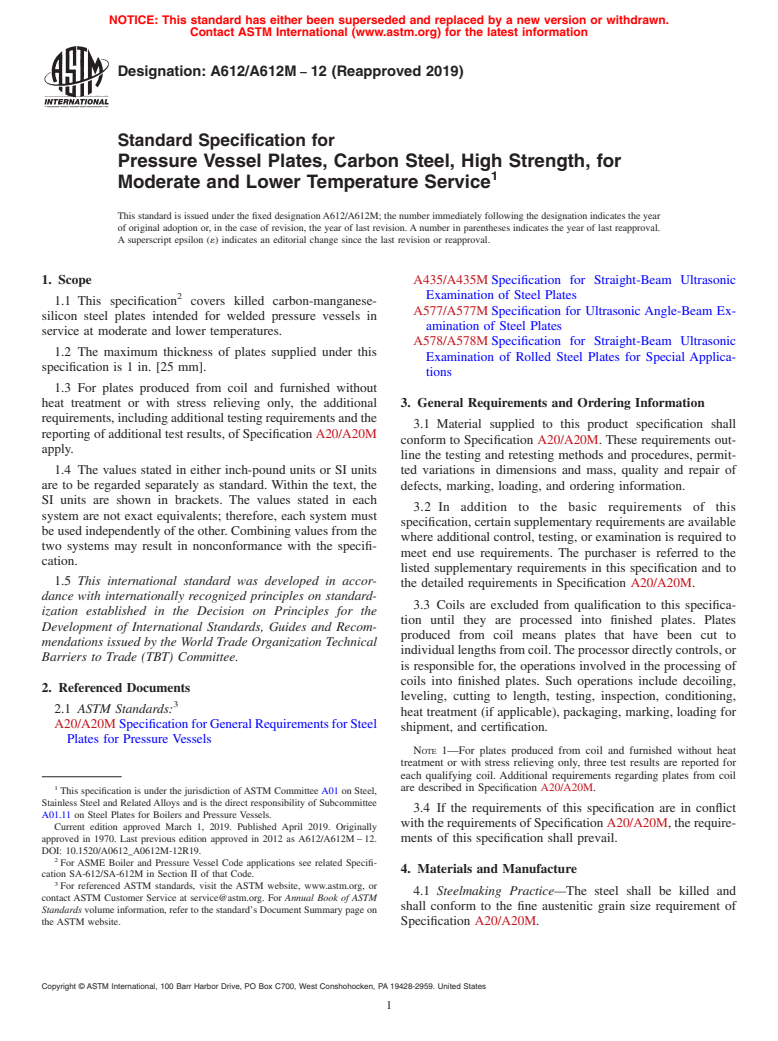 ASTM A612/A612M-12(2019) - Standard Specification for  Pressure Vessel Plates, Carbon Steel, High Strength, for Moderate  and Lower Temperature Service