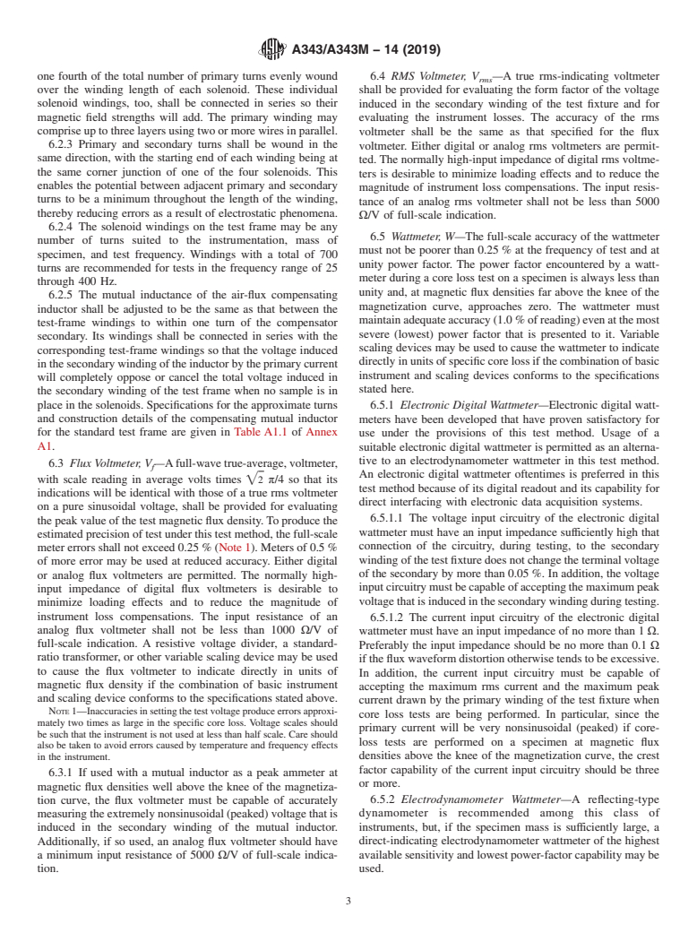 ASTM A343/A343M-14(2019) - Standard Test Method for  Alternating-Current Magnetic Properties of Materials at Power   Frequencies Using Wattmeter-Ammeter-Voltmeter Method and 25-cm Epstein   Test Frame