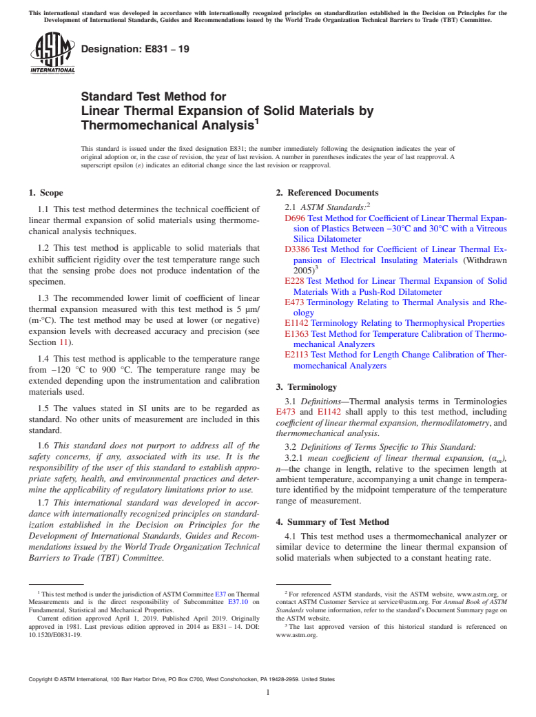 ASTM E831-19 - Standard Test Method for  Linear Thermal Expansion of Solid Materials by Thermomechanical  Analysis
