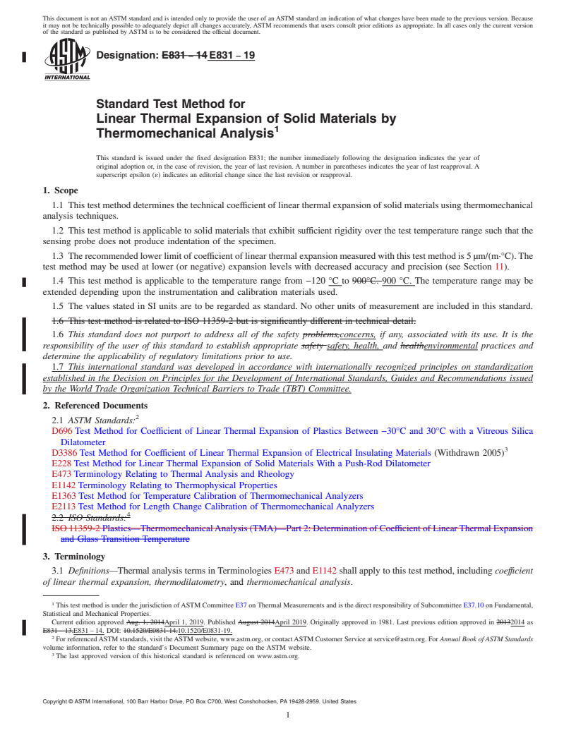 REDLINE ASTM E831-19 - Standard Test Method for  Linear Thermal Expansion of Solid Materials by Thermomechanical  Analysis