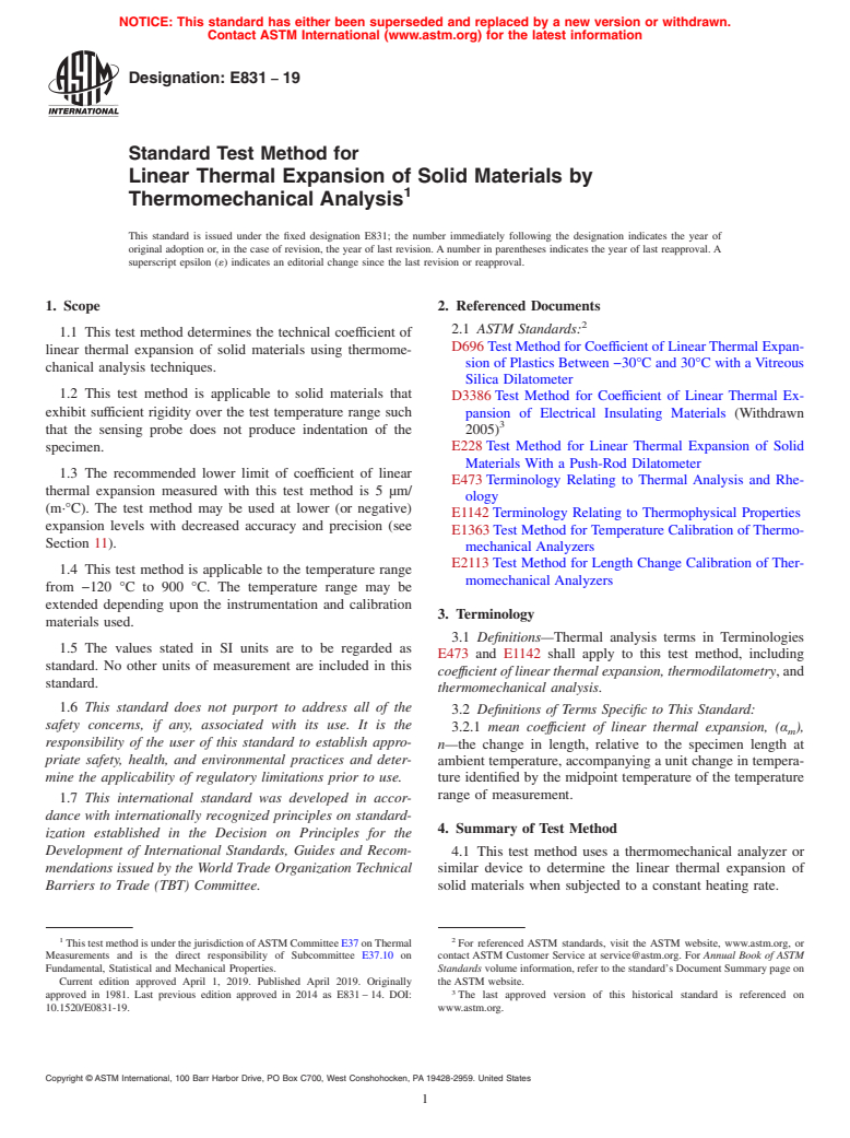 ASTM E831-19 - Standard Test Method for  Linear Thermal Expansion of Solid Materials by Thermomechanical  Analysis