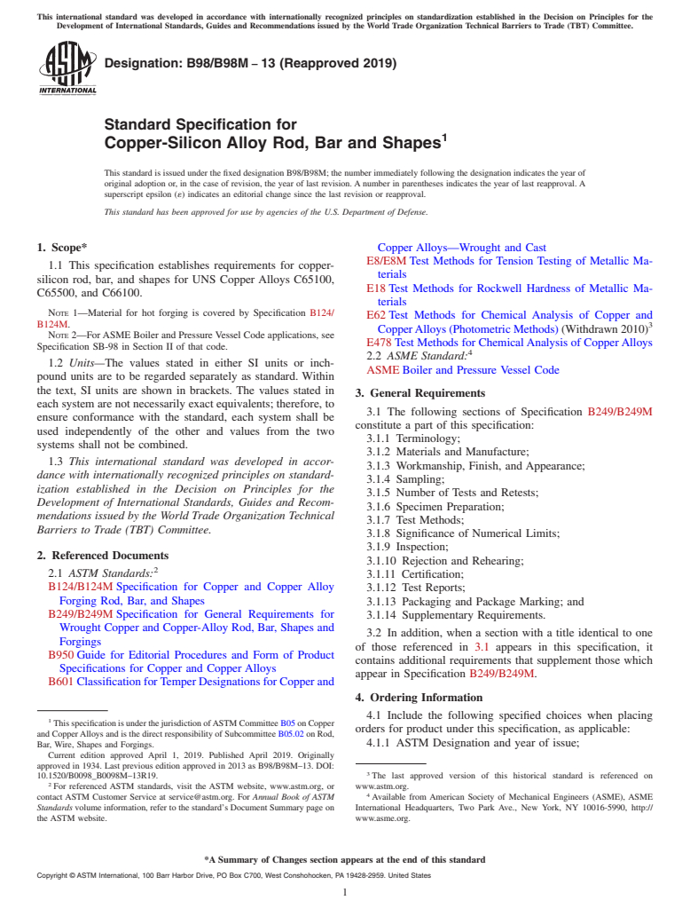 ASTM B98/B98M-13(2019) - Standard Specification for Copper-Silicon Alloy Rod, Bar and Shapes