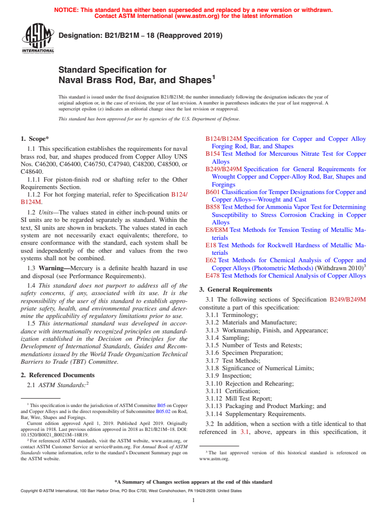 ASTM B21/B21M-18(2019) - Standard Specification for Naval Brass Rod, Bar, and Shapes