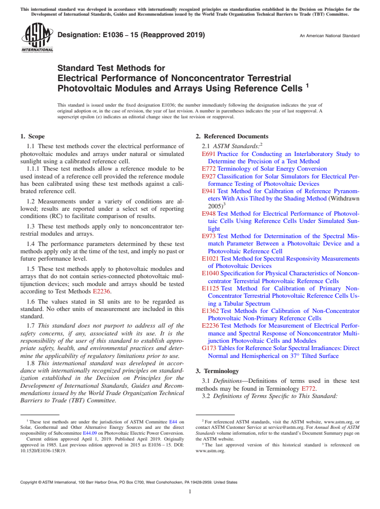 ASTM E1036-15(2019) - Standard Test Methods for  Electrical Performance of Nonconcentrator Terrestrial Photovoltaic  Modules and Arrays Using Reference Cells