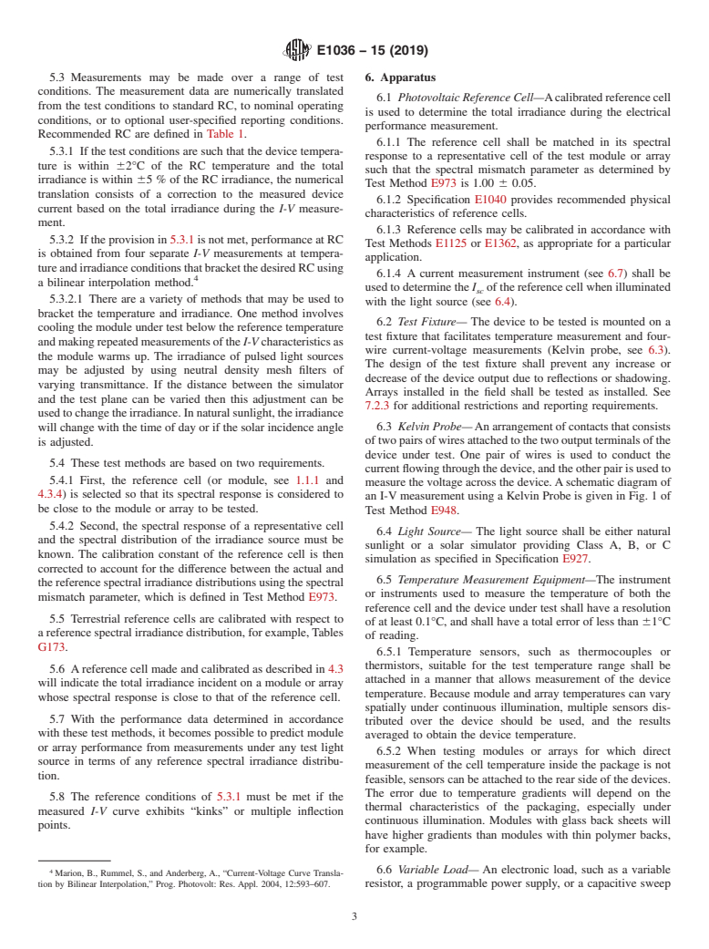 ASTM E1036-15(2019) - Standard Test Methods for  Electrical Performance of Nonconcentrator Terrestrial Photovoltaic  Modules and Arrays Using Reference Cells