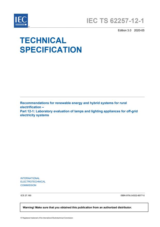IEC TS 62257-12-1:2020 - Recommendations for renewable energy and hybrid systems for rural electrification - Part 12-1: Laboratory evaluation of lamps and lighting appliances for off-grid electricity systems