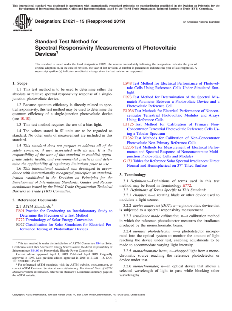 ASTM E1021-15(2019) - Standard Test Method for  Spectral Responsivity Measurements of Photovoltaic Devices