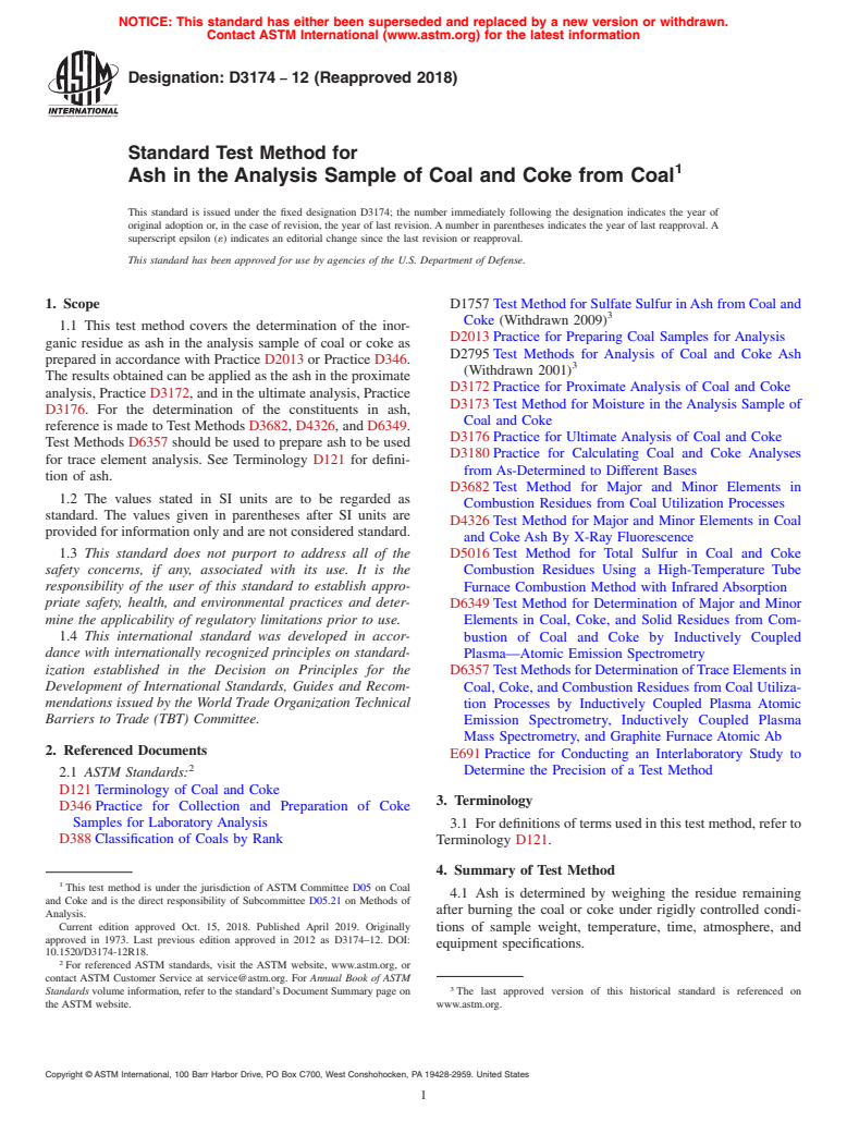 ASTM D3174-12(2018) - Standard Test Method for  Ash in the Analysis Sample of Coal and Coke from Coal