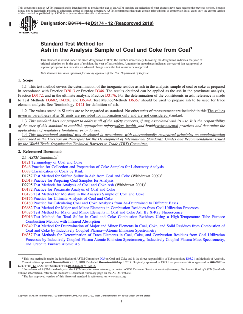 REDLINE ASTM D3174-12(2018) - Standard Test Method for  Ash in the Analysis Sample of Coal and Coke from Coal
