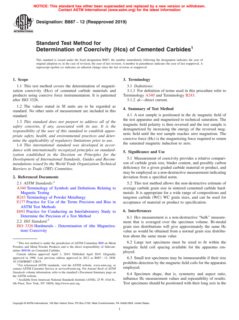 ASTM B887-12(2019) - Standard Test Method for  Determination of Coercivity (Hcs) of Cemented Carbides