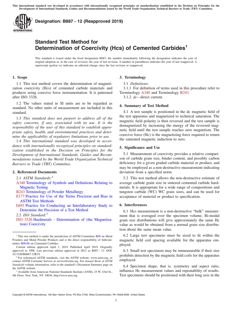 ASTM B887-12(2019) - Standard Test Method for  Determination of Coercivity (Hcs) of Cemented Carbides