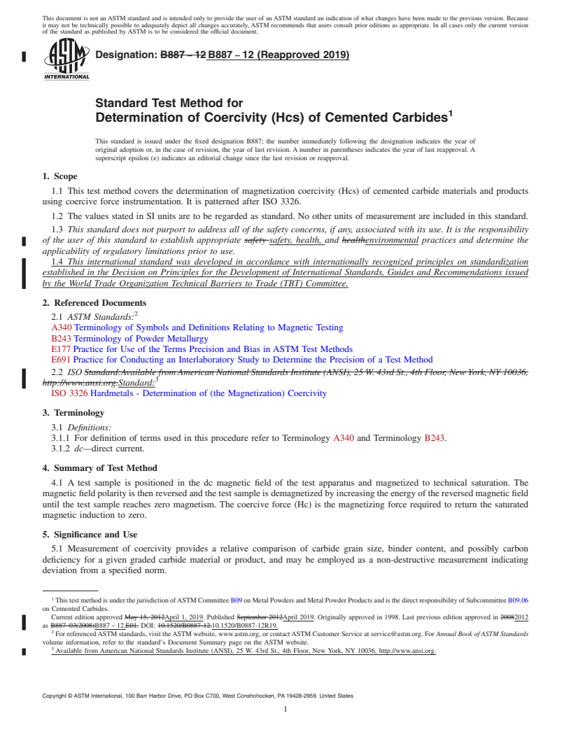 REDLINE ASTM B887-12(2019) - Standard Test Method for  Determination of Coercivity (Hcs) of Cemented Carbides