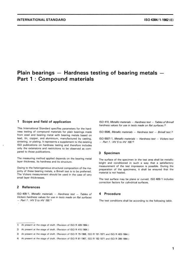 ISO 4384-1:1982 - Plain bearings -- Hardness testing of bearing metals