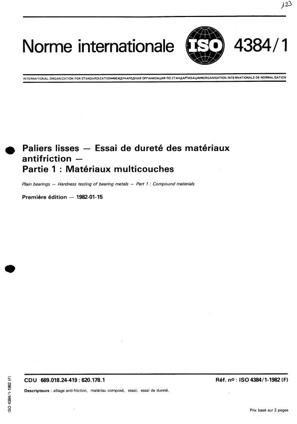 ISO 4384-1:1982 - Paliers lisses -- Essai de dureté des matériaux antifriction