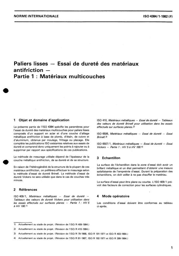 ISO 4384-1:1982 - Paliers lisses -- Essai de dureté des matériaux antifriction