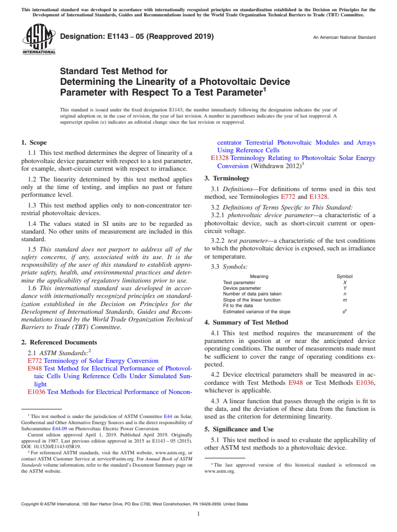 ASTM E1143-05(2019) - Standard Test Method for  Determining the Linearity of a Photovoltaic Device Parameter  with Respect To a Test Parameter