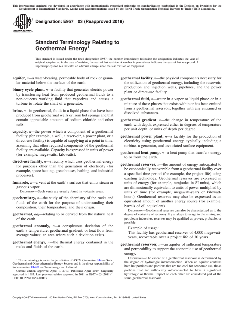 ASTM E957-03(2019) - Standard Terminology Relating to  Geothermal Energy