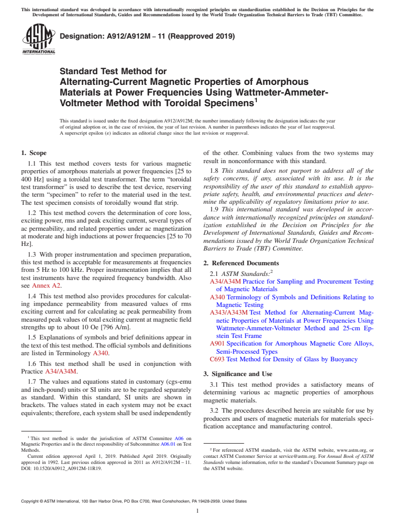 ASTM A912/A912M-11(2019) - Standard Test Method for  Alternating-Current Magnetic Properties of Amorphous Materials   at Power Frequencies Using Wattmeter-Ammeter-Voltmeter Method with   Toroidal Specimens